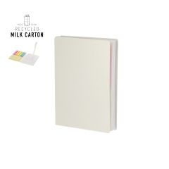 A6 anteckningsbok av återvunna mjölkkartonger med sticky notes och kulspetspenna