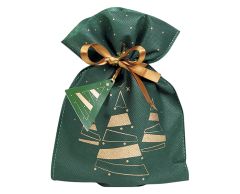 Grön non woven julpåse med julgransmotiv och satinband 20x30cm