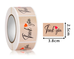 "Thank you" klistermärken med hjärta, 250 st. rulle, 25x38mm