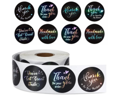 Svarta Thank you klistermärken, silver hologram, 6 olika, 500 st, 38mm