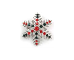 Julig snöflinga med röda, gröna och vita rhinstenar brosche
