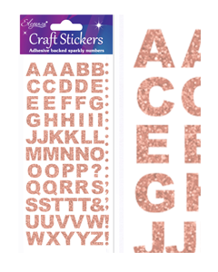 Rosa-guld glitter bokstäver på ett klistermärke ark