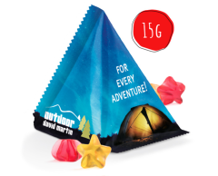 Färgglada geléstjärnor i små tryckta förpackningar